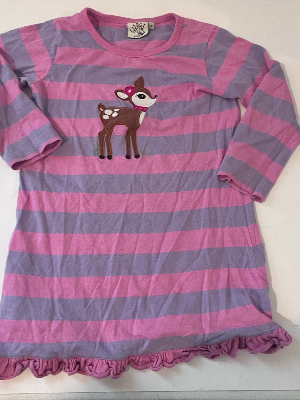 Luigi Girls Dress With Appliqué Deer Pink And Purple 4 Ruffle Long Sleeve